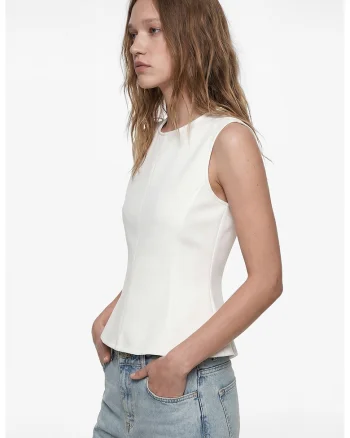 Top slim fit cu terminatie peplum, Alb fildes
