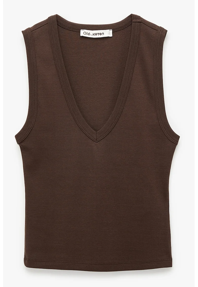 Top slim fit cu decolteu in V, Maro pamantiu