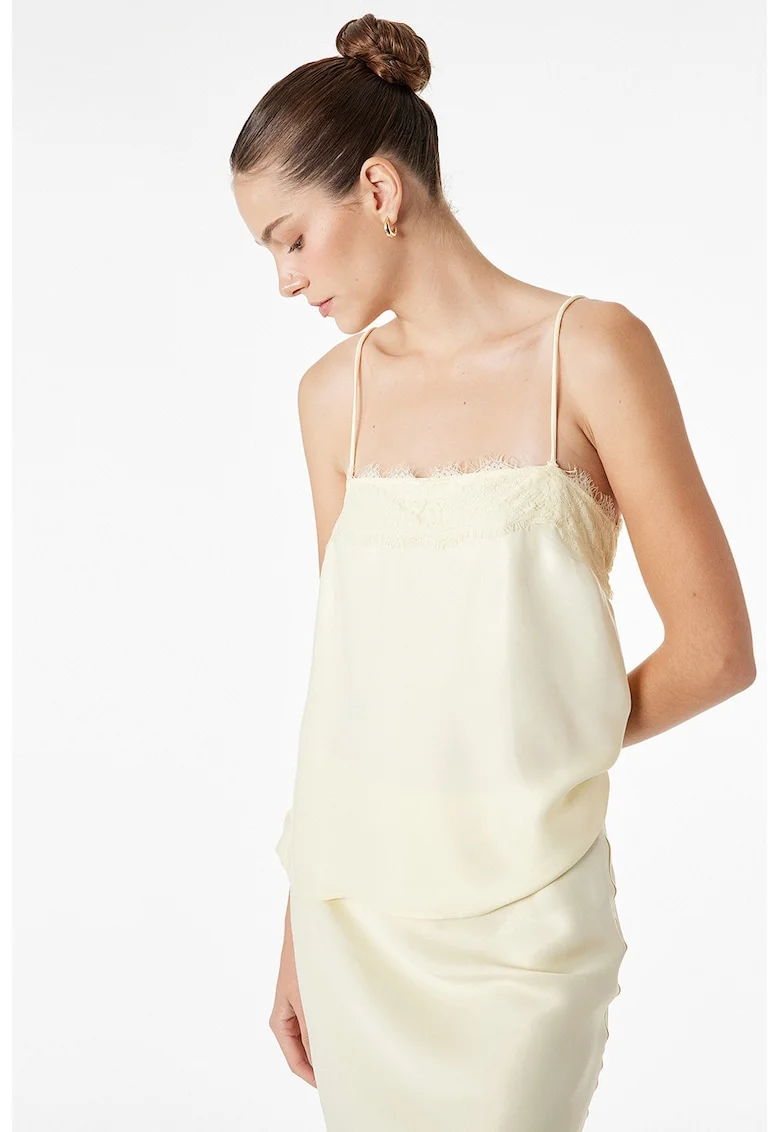 Top crop cu insertii de dantela, Galben pal