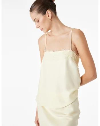 Top crop cu insertii de dantela, Galben pal