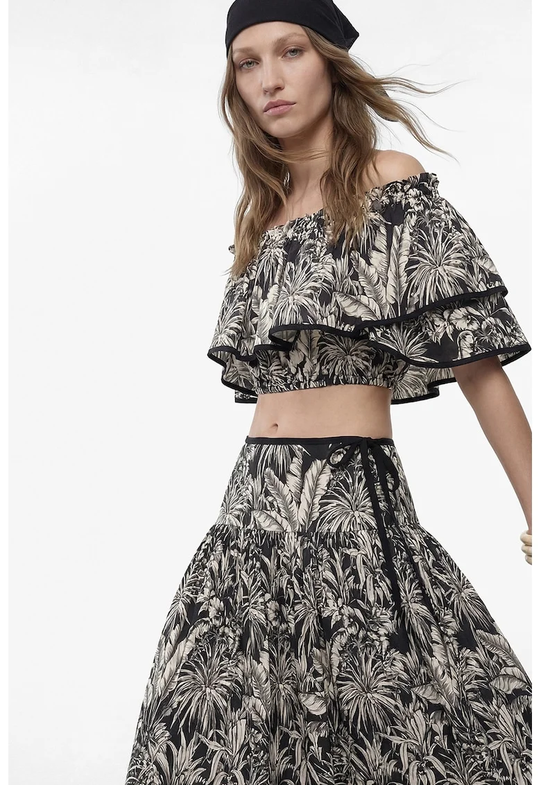 Top crop cu decolteu pe umeri, Alb fildes/Negru stins