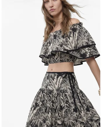 Top crop cu decolteu pe umeri, Alb fildes/Negru stins