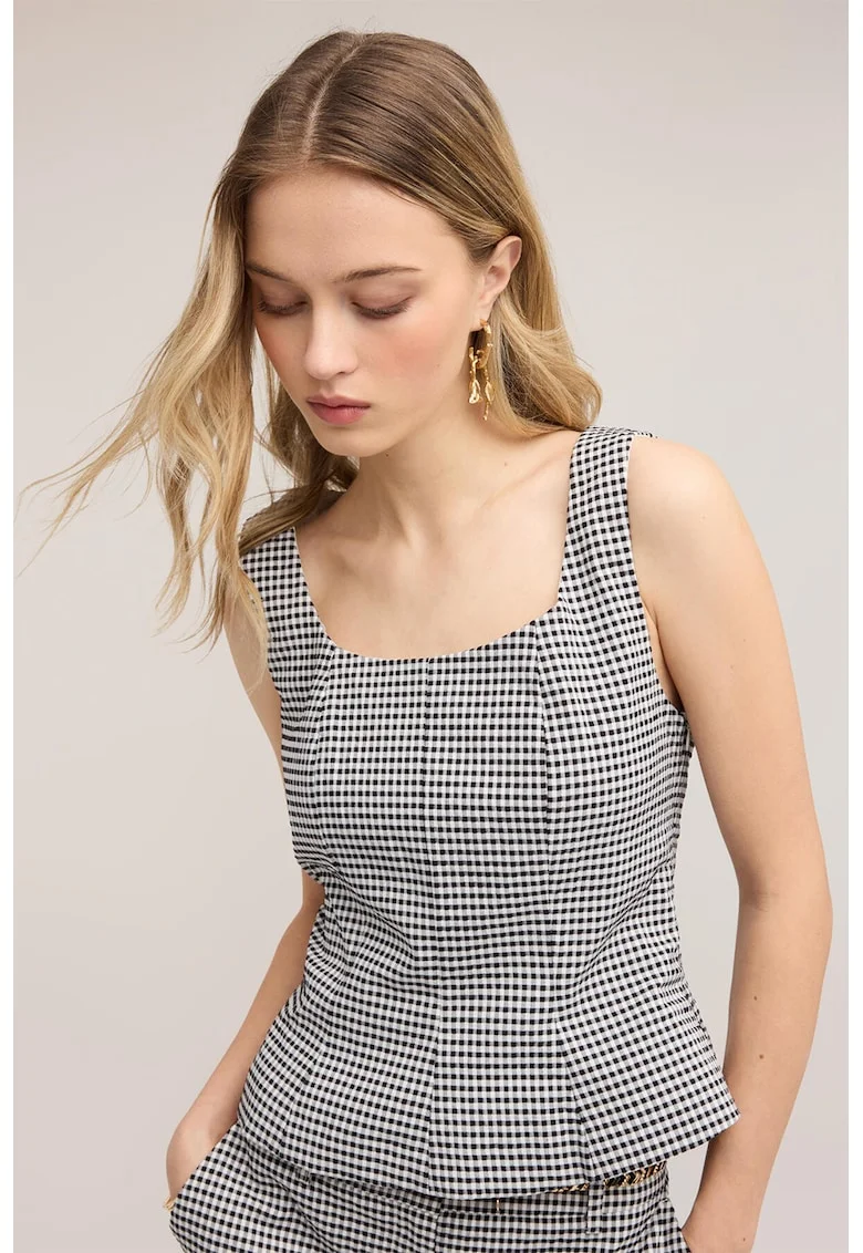 Top cu decolteu patrat si model gingham, Alb/Negru