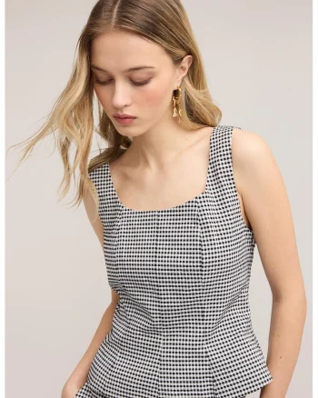 Top cu decolteu patrat si model gingham, Alb/Negru