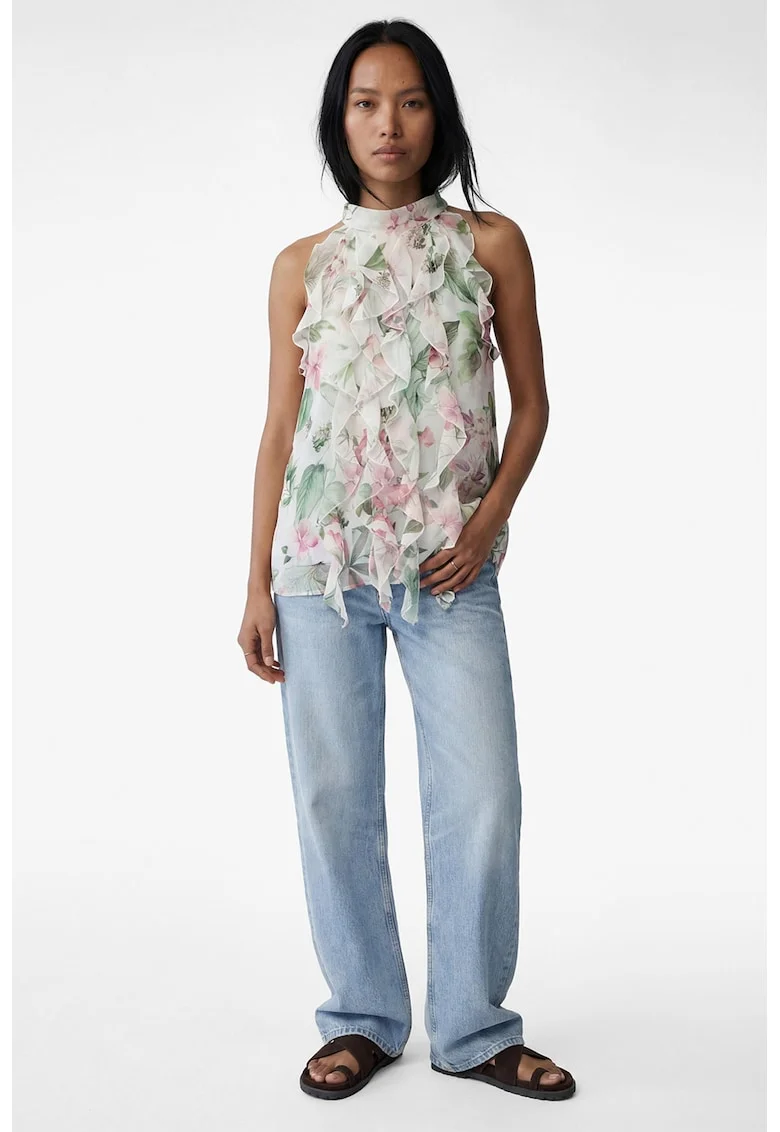 Top din sifon cu volane, Alb/Verde sparanghel/Roz