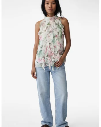 Top din sifon cu volane, Alb/Verde sparanghel/Roz