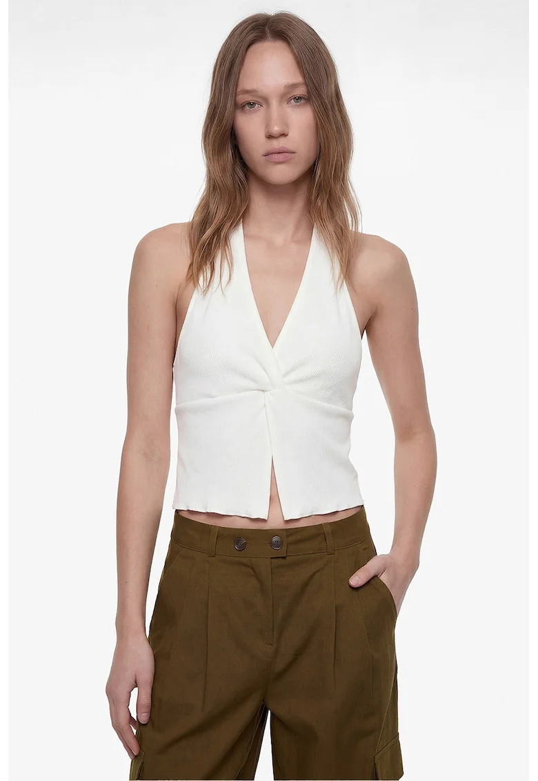 Top crop halter cu decolteu in V, Ecru