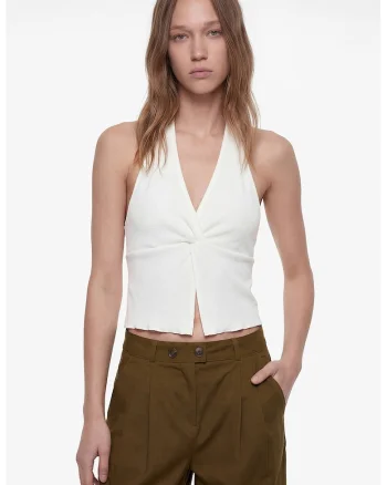 Top crop halter cu decolteu in V, Ecru