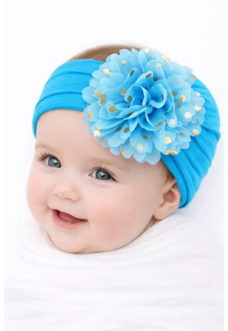 Bentita lata cu floare din tulle si buline aurii,  0-12, Albastru