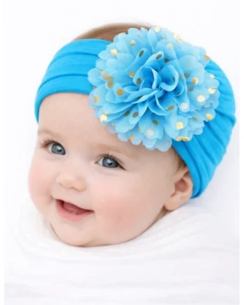 Bentita lata cu floare din tulle si buline aurii,  0-12, Albastru