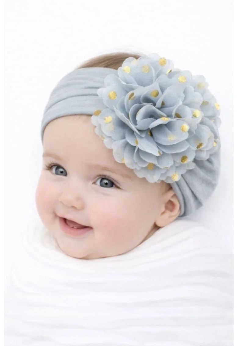Bentita lata cu floare din tulle si buline aurii,  0-12, Gri