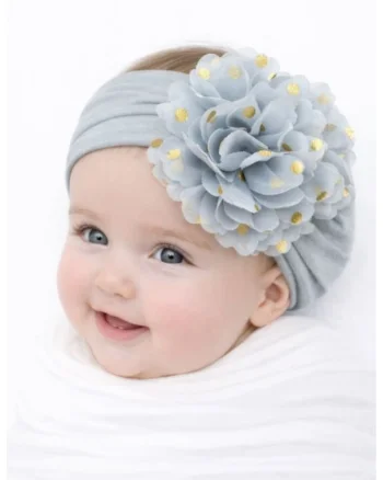 Bentita lata cu floare din tulle si buline aurii,  0-12, Gri