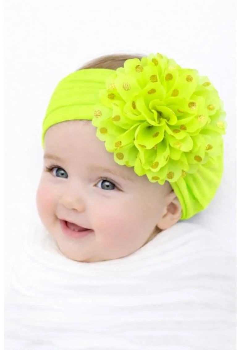 Bentita lata cu floare din tulle si buline aurii,  0-12 luni, Verde Neon