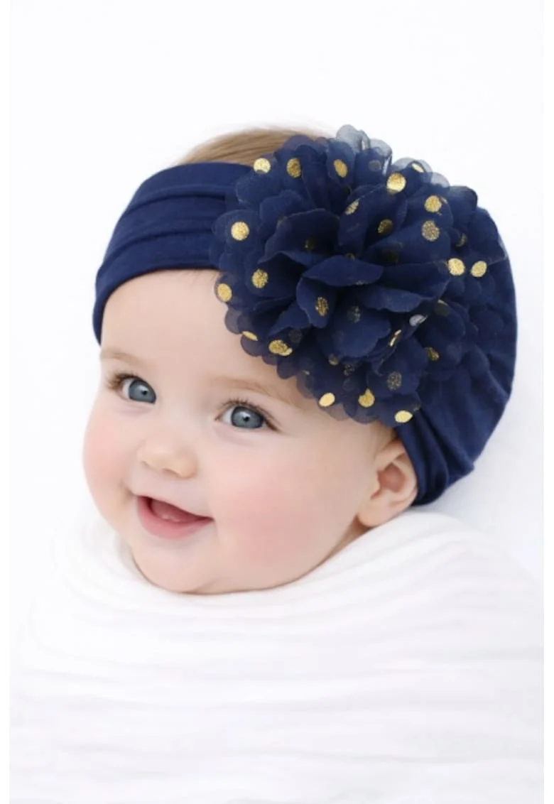 Bentita lata cu floare din tulle si buline aurii,  0-12 luni, Bleumarin