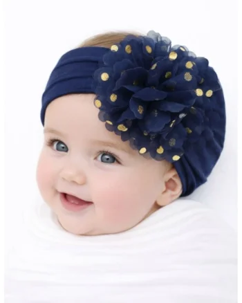 Bentita lata cu floare din tulle si buline aurii,  0-12 luni, Bleumarin