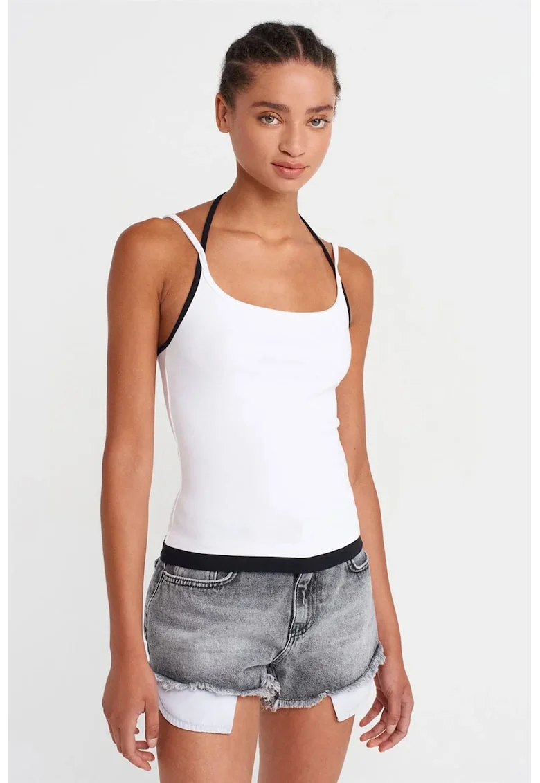 Maiou,  slim fit, detalii cu snur, alb, bumbac cu elastan