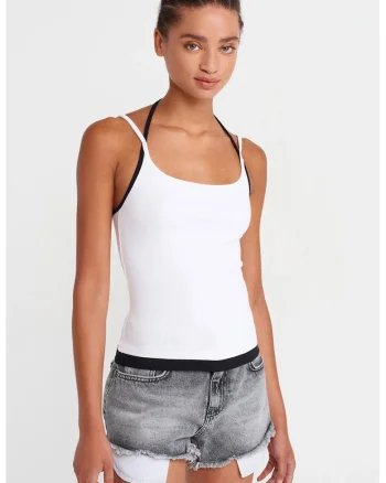 Maiou,  slim fit, detalii cu snur, alb, bumbac cu elastan