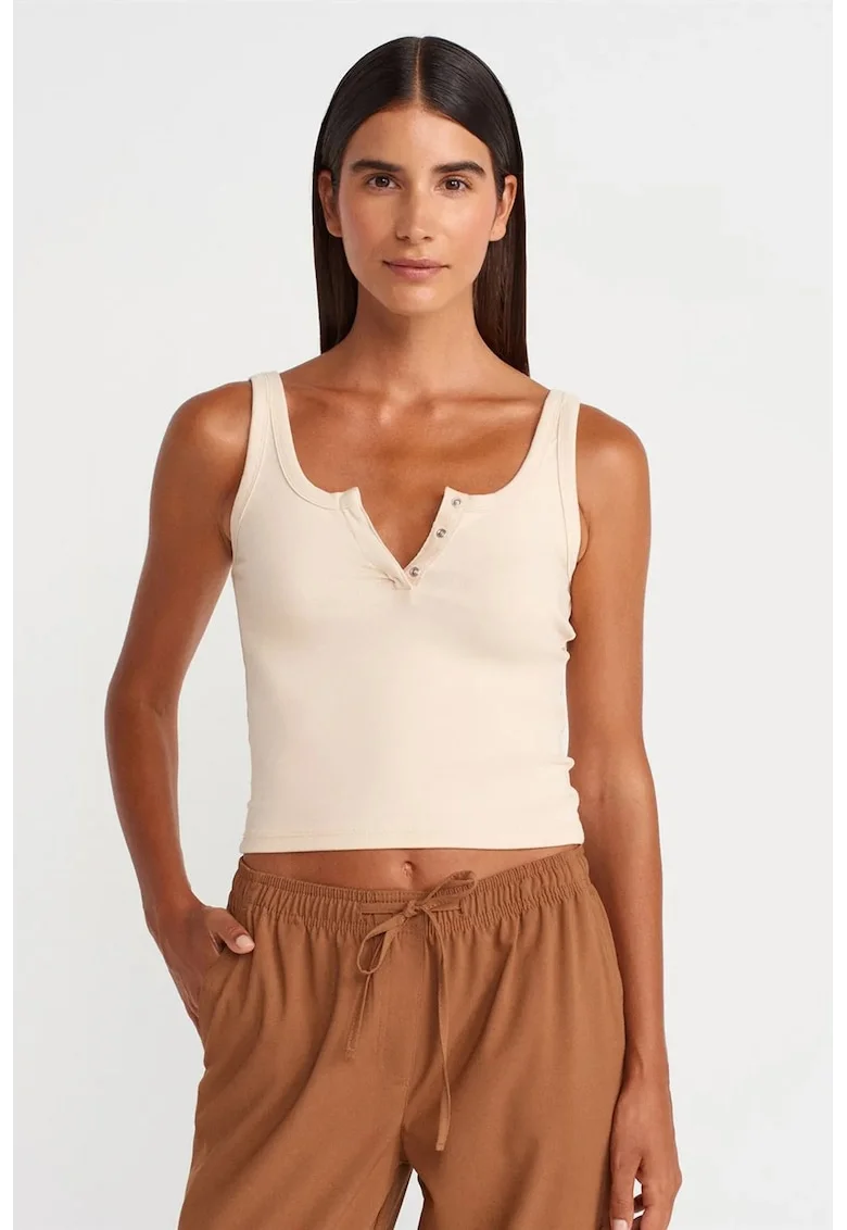 Maiou Crop  crem natural, bumbac-modal-elastan, detalii cu nasturi