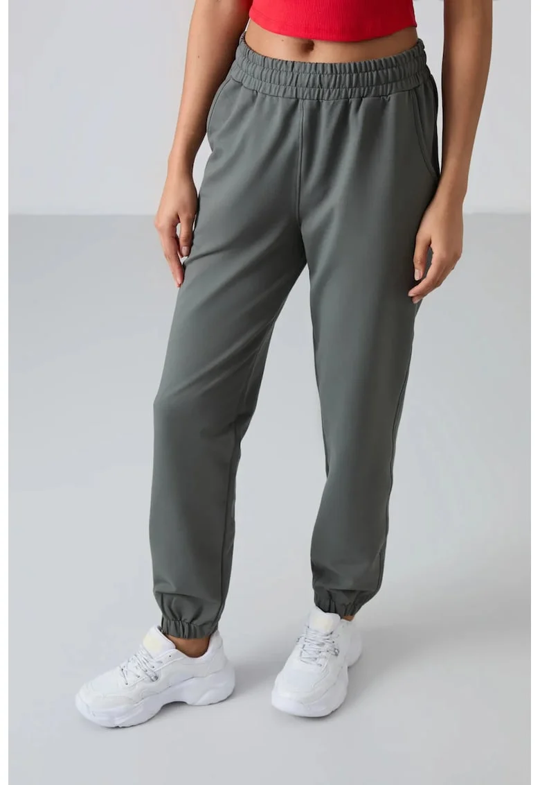 Pantaloni de trening,  talie inalta, croiala relaxata, gri inchis, bumbac cu poliester si elastan