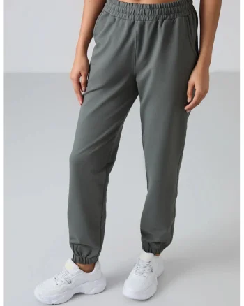 Pantaloni de trening,  talie inalta, croiala relaxata, gri inchis, bumbac cu poliester si elastan