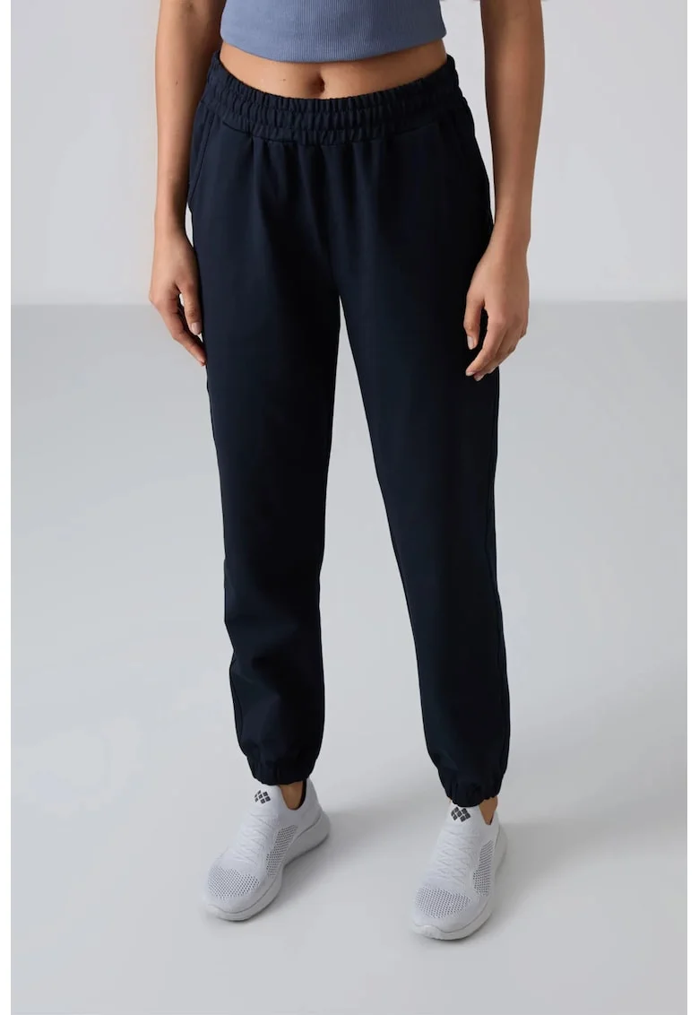 Pantaloni sport,  jogger, talie inalta, albastru marin, bumbac-poliester-elastan