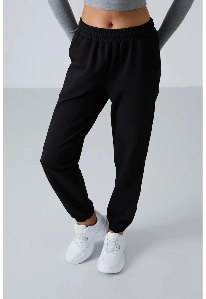 Pantaloni de jogging,  talie inalta, croiala relaxata, negru, bumbac cu poliester si elastan