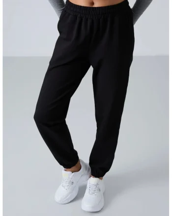Pantaloni de jogging,  talie inalta, croiala relaxata, negru, bumbac cu poliester si elastan
