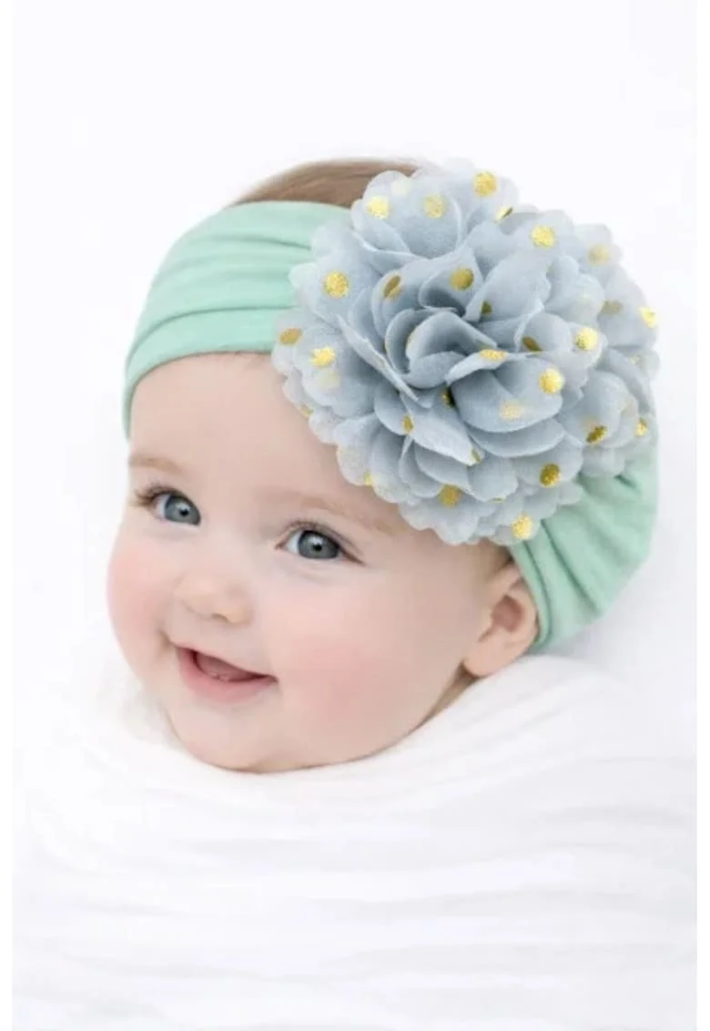Bentita lata cu floare din tulle si buline aurii,  0-12, Verde