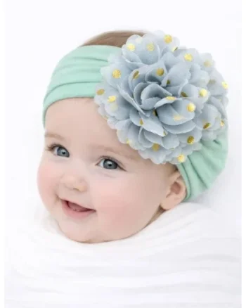 Bentita lata cu floare din tulle si buline aurii,  0-12, Verde