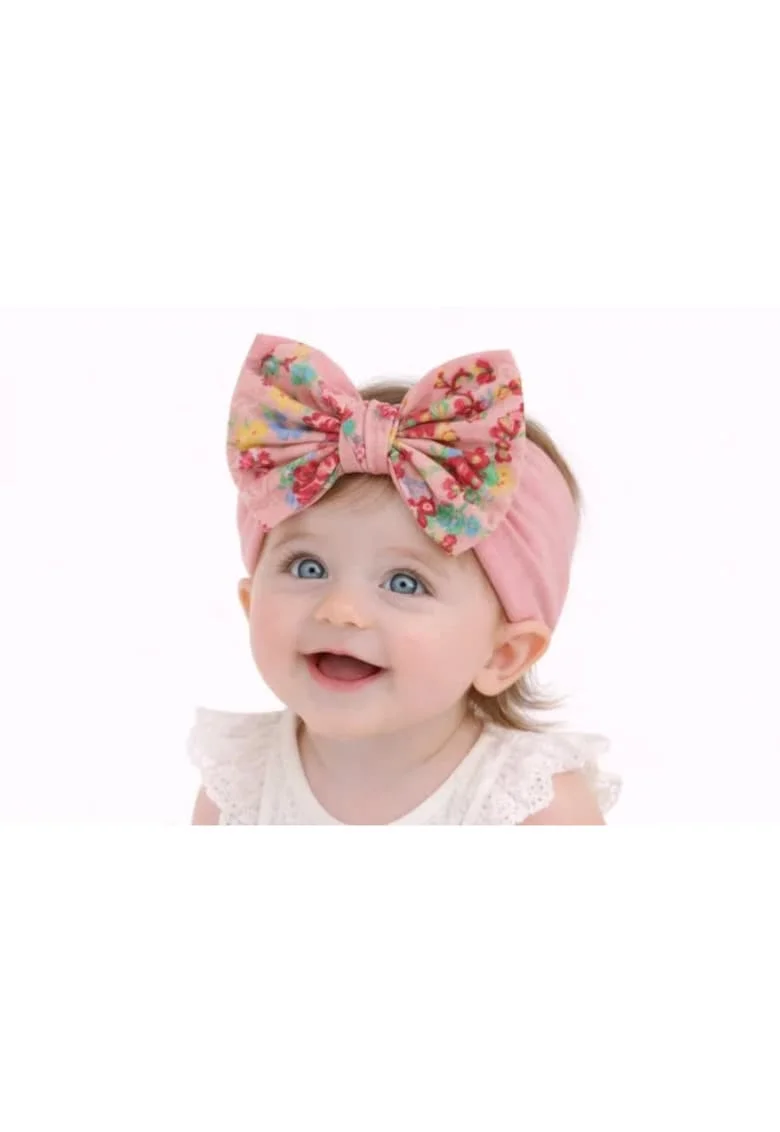 Bentita roz somon lata cu fundita inflorata,  Model AL 34716, 0-12 luni, Roz