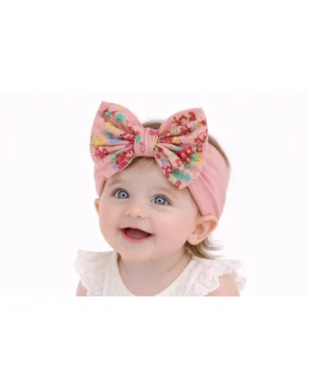 Bentita roz somon lata cu fundita inflorata,  Model AL 34716, 0-12 luni, Roz