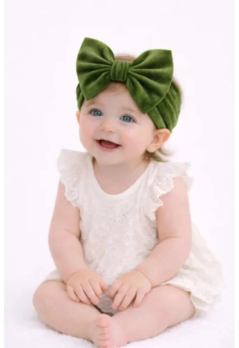 Bentita lata din catifea cu funda,  Model AL 134648, 6-12 luni, Verde
