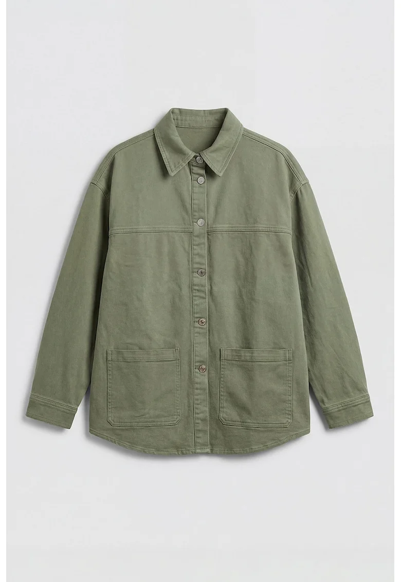 Jacheta-camasa din denim cu buzunare aplicate, Verde masliniu inchis
