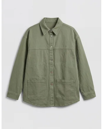 Jacheta-camasa din denim cu buzunare aplicate, Verde masliniu inchis