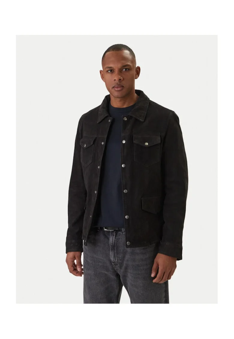 Geaca de piele barbati,  piele intoarsa, slim fit, negru, 100% bumbac