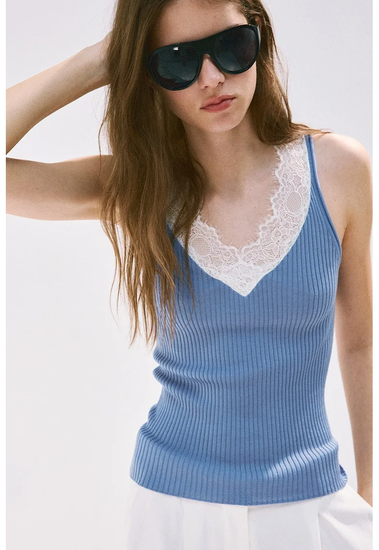Top slim fit striat din lyocell cu insertii din dantela, Alb/Albastru stins
