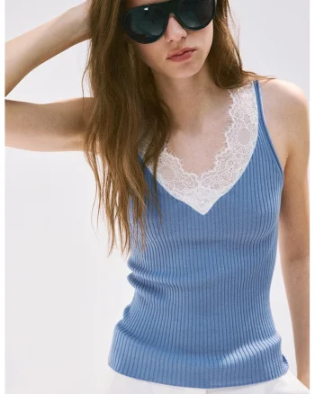 Top slim fit striat din lyocell cu insertii din dantela, Alb/Albastru stins