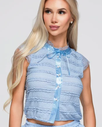 Bluza dama scurta cu si maneci scurte, material texturat, slim fit OW-TS-E0066, Albastru