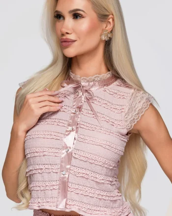 Bluza dama scurta cu si maneci scurte, material texturat, slim fit OW-TS-E0066, Roz