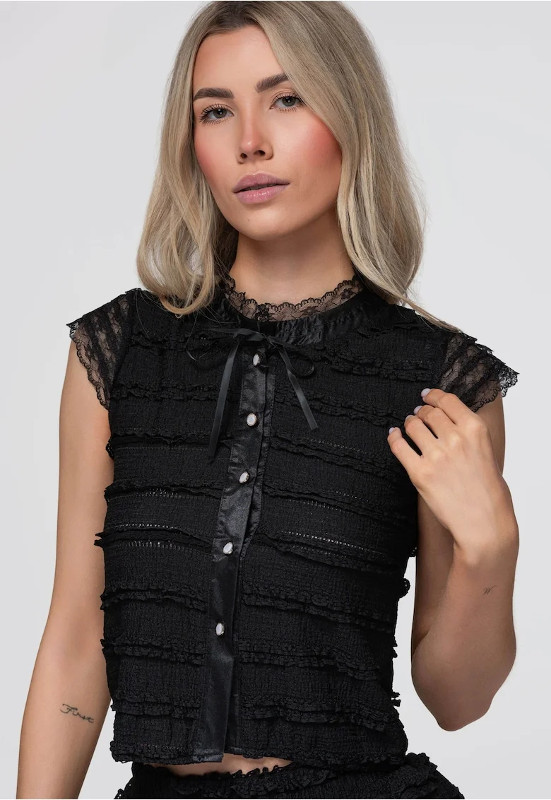 Bluza dama scurta cu si maneci scurte, material texturat, slim fit OW-TS-E0066, Negru