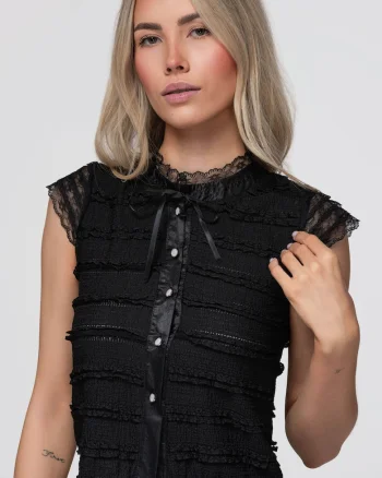 Bluza dama scurta cu si maneci scurte, material texturat, slim fit OW-TS-E0066, Negru