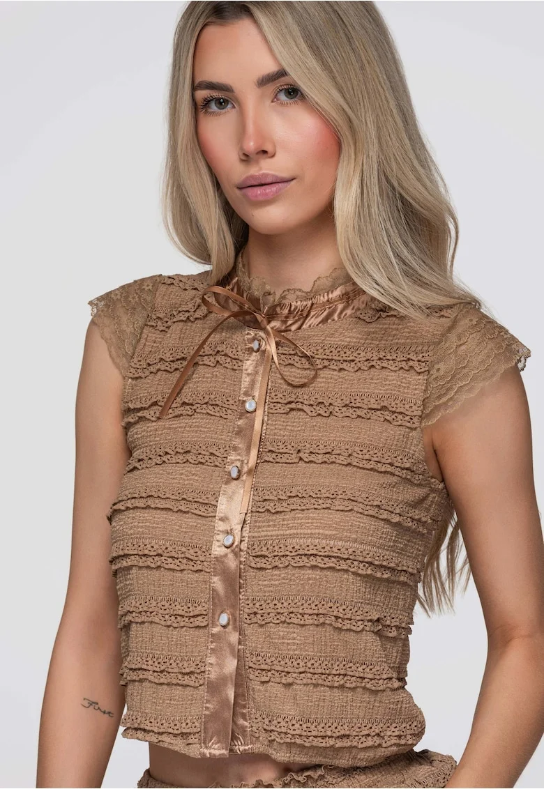 Bluza dama scurta cu si maneci scurte, material texturat, slim fit OW-TS-E0066, Maro taupe