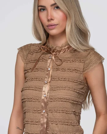 Bluza dama scurta cu si maneci scurte, material texturat, slim fit OW-TS-E0066, Maro taupe