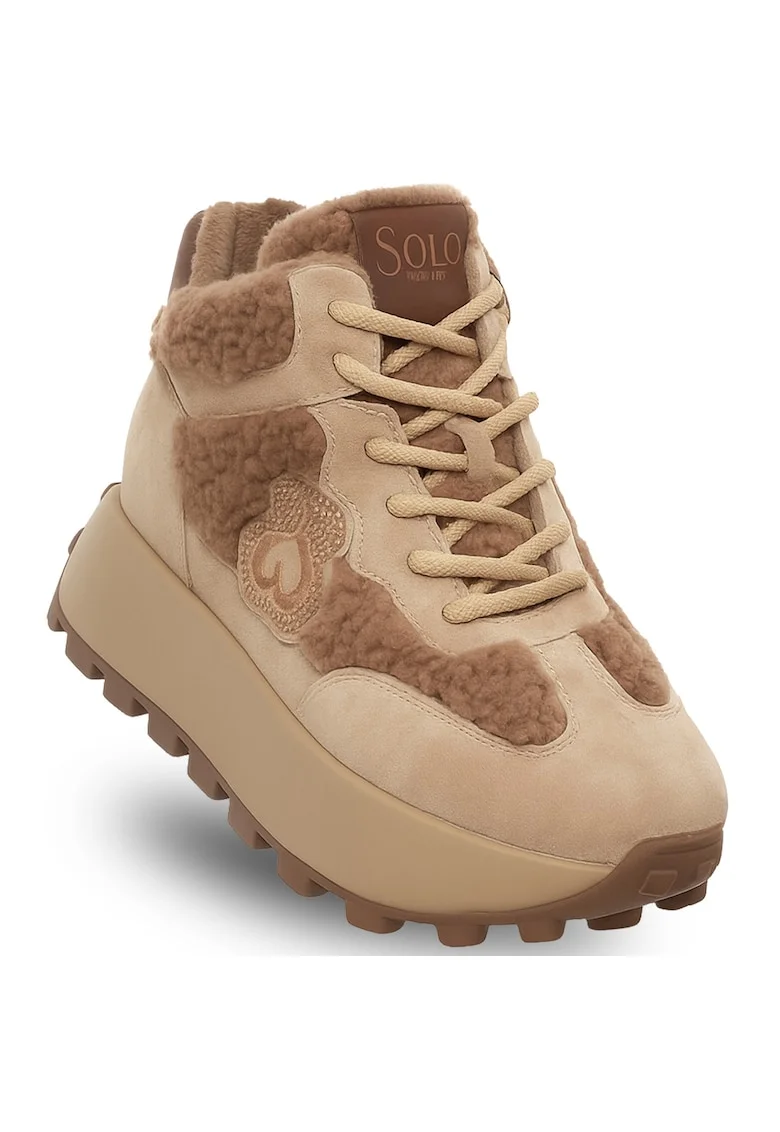 Ghete dama,  piele naturala/textil, maro