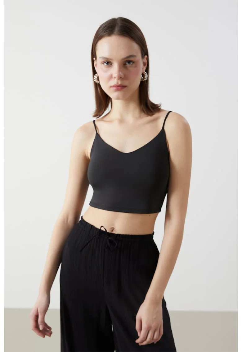 Top crop cu decolteu in V, Negru