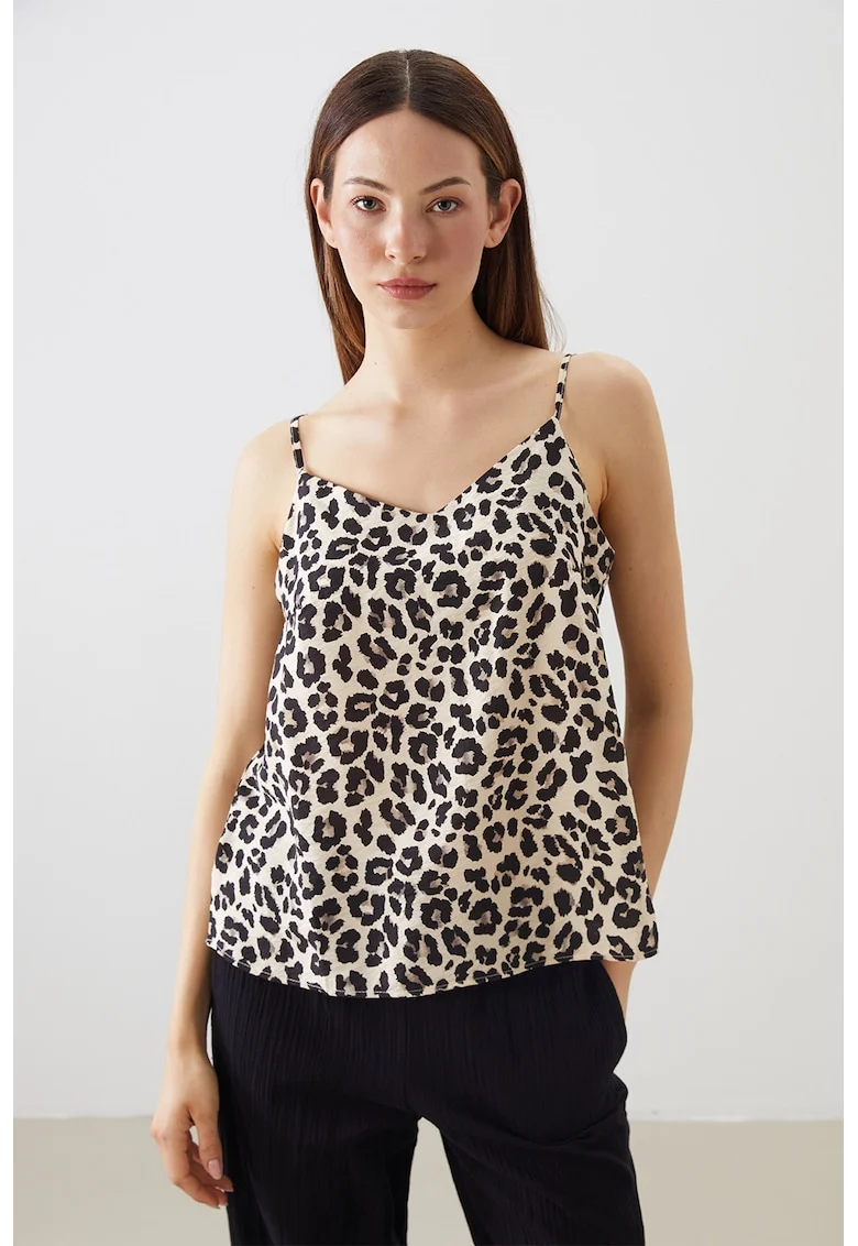 Top cu bretele inguste si animal print, Negru/Bej deschis/Maro pamantiu