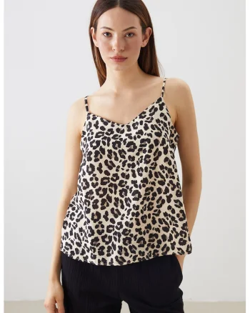 Top cu bretele inguste si animal print, Negru/Bej deschis/Maro pamantiu