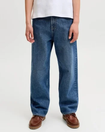 Blugi baieti, ALEX, cu talie inalta si croiala Baggy fit, Albastru inchis,