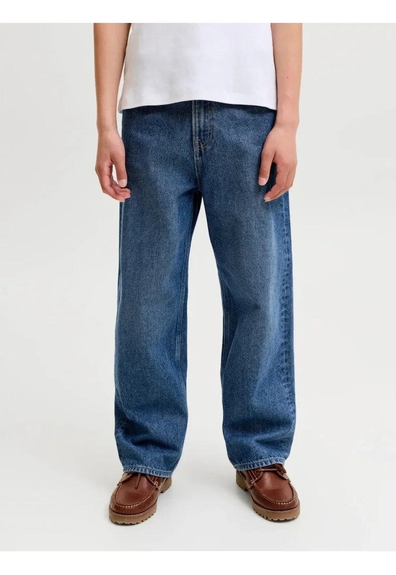 Blugi baieti, ALEX, cu talie inalta si croiala Baggy fit, Albastru inchis,