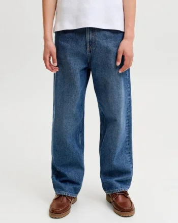 Blugi baieti, ALEX, cu talie inalta si croiala Baggy fit, Albastru inchis,